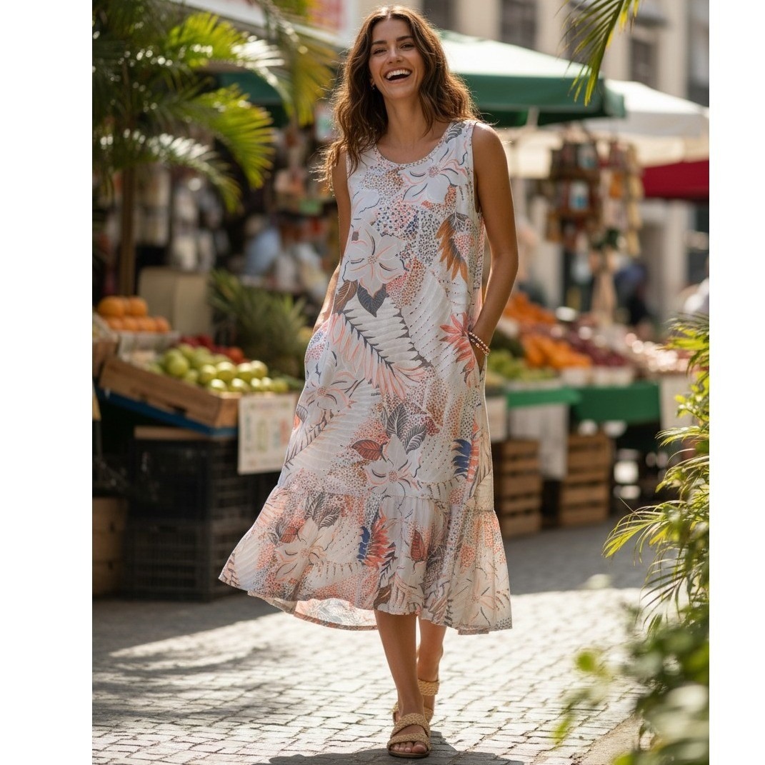 Fresh Produce Tropical Floral Rayon Sleeveless Midi Dress Pink Blue Vacation - M